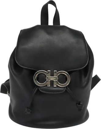 Ferragamo Gancini Flap Drawstring Backpack Leather Black Leather Backpack Bag (Pre-Owned)