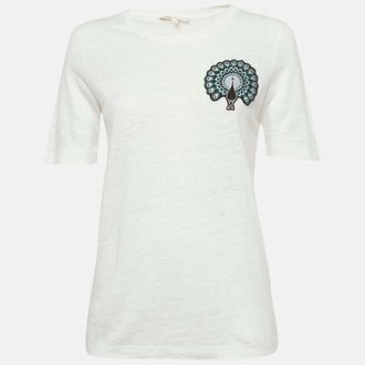 Maje White Cotton Knit Peacock Patch Detail T-Shirt