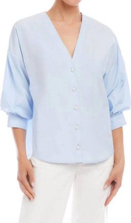 Karen Kane Lantern Sleeve Pearl Button Top In Light Blue