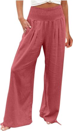 Generic Casual Trousers Womens Summer Cotton Linen Plain Pants Solid Color Elastic Waist Pants Wide Leg Hawaiian Beach Holiday Trouser Side Pocket Lightweight