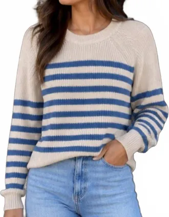 Autumn Cashmere Placement Stripe Scallop Shaker Sweater In Ecru/wedgewood