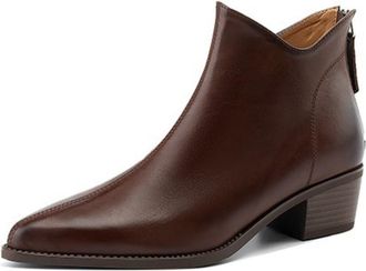 Generic Womens Pointed Closed Toe Ankle Boots Back Zipper PU Leather Low Block Heels Slip On Sleek Stitching Soft Lining Durable Outsole,Brown,4.5 UK