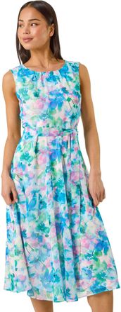 Roman Womens Petite Abstract Pleated Midi Dress - Blue - Size 14 UK