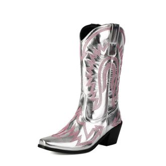 Generic Womens Chunky Heel Mid-Calf Boots Pull on Wide-Calf Boots with Embroidery Stitched Pointed Toe PU Leather Western Cowboy Boot,Silver,10.5 UK