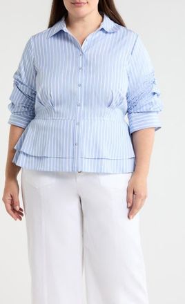 Wit & Wisdom Pinstripe Button-Up Tiered Peplum Shirt in Oxford Blue/Off White at Nordstrom, Size 1 X