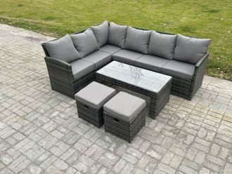 Fimous 8 Seater Outdoor Rattan Garden Furniture Set Corner Sofa Oblong Coffee Table Sets with Patio 2 Small Footstools Dark Grey Mixed
