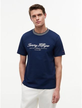 Tommy Hilfiger Mens Nautical Script Logo Striped T-Shirt - Navy - L
