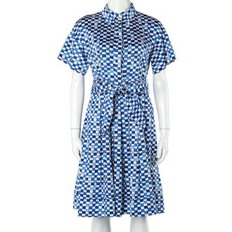Carolina Herrera Blue Logo Grid Print Cotton Belted Dress