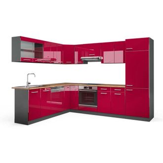 Vicco Cocina Esquinera R-line, Burdeos Brillo Intenso/antracita, 227 X 287 Cm, Et Roble