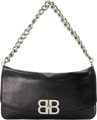 Balenciaga Zwarte Soft Flap Tas met Draaiknop - Dames - Handtassen - Zwart - ONE Size - Leer - Tassen