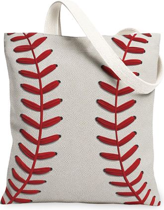 Generic Sporty Baseball Canvas Tote Bags, Fun Stitch Pattern Reusable Grocery Bags, Lightweight Washable Shoulder Strap Canvas for, White, 13x15 Inch