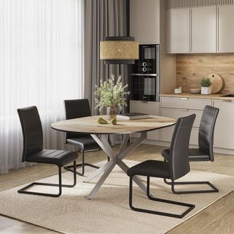 Vicco Set De Mesa De Comedor Loyd, Roble R&uacute;stico/gris, 120 X 120 Cm Con 4 Sillas De Comedor, Negro, Vicco