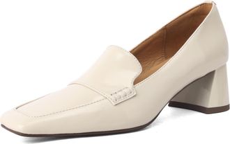 TinaCus Womens Square Toe Genuine Leather Handmade Chunky Heels Slip-on Casual Loafers Shoes, Beige, 4 UK