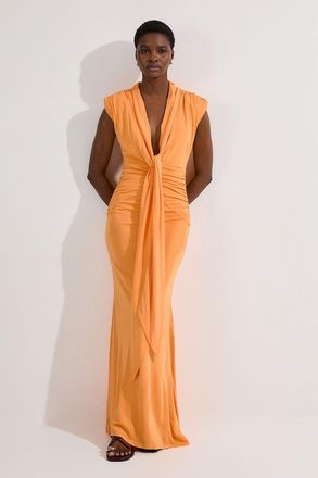 Karen Millen Womens Plunge Ruched Twist Jersey Maxi Dress - Orange viscose - Size X-Small