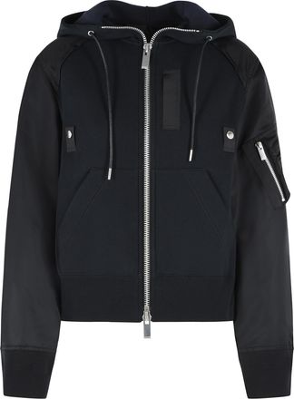 sacai Black Drawstring Hooded Cotton-Blend Zip Sweatshirt