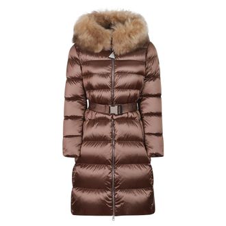 Moncler Leersies Lange Donsjas - Dames - Mantels - Beige - Maat: L Leer
