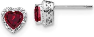 Diamond2Deal 14k White Gold 1/10 Ct Lab Grown Diamond and Created Ruby Heart Halo Stud Earrings