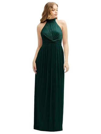 After Six Band Collar Halter Open-Back Metallic Pleated Maxi Dress