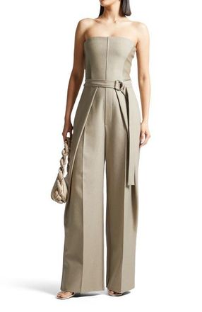 Mani&egrave;re De Voir Sabine Tailored Pleat Jumpsuit with Belt in Beige at Nordstrom, Size 8
