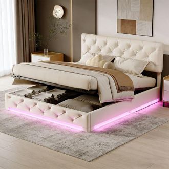 OEM Cama Lit Coffre 160 X 200 Cm Con Somier - Led - Cama Doble Hidr&aacute;ulica - Cama 160 X 200 Con Almacenamiento Debajo De La Cama