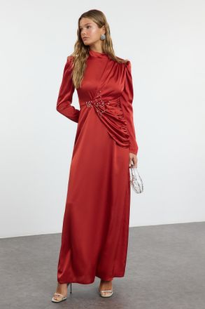 Trendyol Modest Dames Rood Effen Maxi Lang Stijlvol/Avond Recht Modest Avond Jurken