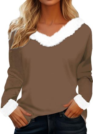 Generic Womens Christmas Faux Fur Trim Sweaters, Xmas Novelty Plain V Neck Long Sleeve Sweatshirts Holiday Comfy Pullover Tops Winter Casual Stylish Loose Fit