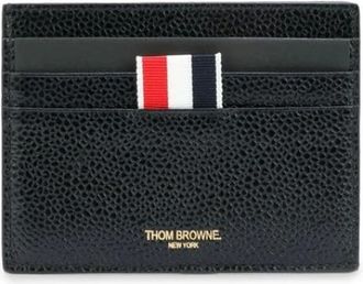 Thom Browne Black Leather Card Holder with Striped Trim