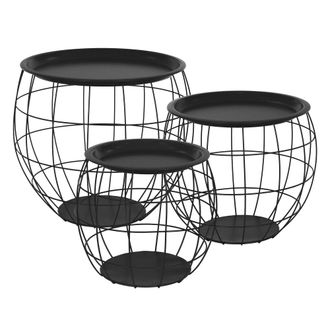 ML Design Set de 3 mesas auxiliares de mimbre negro