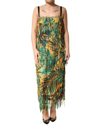 Dolce & Gabbana Multicolor Tropical Print Fringe Maxi Womens Dress
