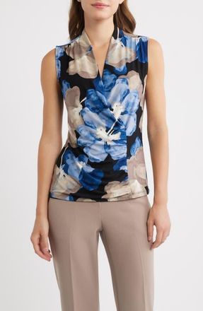 Anne Klein Floral Ruched Faux Wrap Top in Anne Black/dutch Blue Multi at Nordstrom, Size Xx-Small