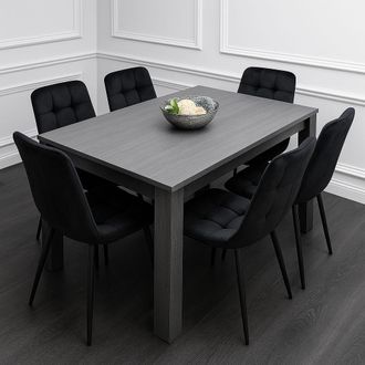 Kosy Koala Dining Table & 6 Chairs Black Dark Grey 6 Black Velvet Chairs Wood Dining Set Furniture in Brown