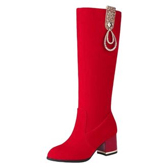 Generic Womens Knee High Boots Round Toe High Block Heel Slip On With Metal Decoration For Party And Casual Occasions