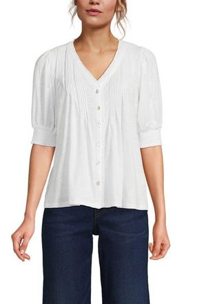 Lands End Button Pintuck Puff Sleeve Top in White at Nordstrom, Size X-Small