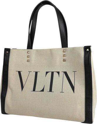 Valentino Black Ivory Canvas Leather Handbag Tote Bag (Pre-Owned)