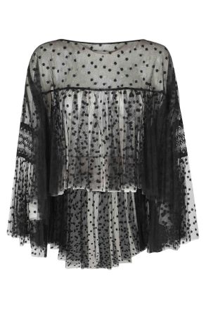 Alberta Ferretti Black Sheer Embroidered Floral Volant Sleeves Polyester Blouse