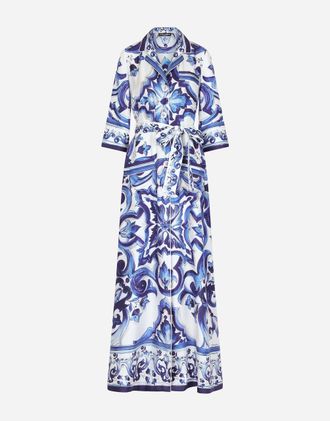 Dolce & Gabbana Long Majolica-print Twill Shirt Dress - Woman Coats And Jackets Blue Silk 38