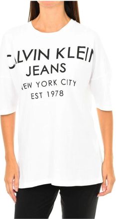 Calvin Klein T-shirt met korte mouwen en geribbelde afwerking - Dames - T-shirts - Wit - S - Katoen - Tops