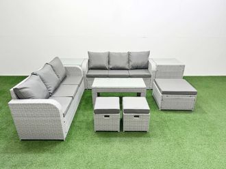 Fimous Outdoor Garden Furniture Sets 9 Seater Wicker Rattan Furniture Sofa Sets w/ Oblong Coffee Table high Back Lounge Sofa 3 Stools 2 Side Table