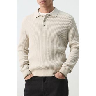 Mango Braided Cotton Blend Polo Sweater in Sand at Nordstrom, Size Xx-Large