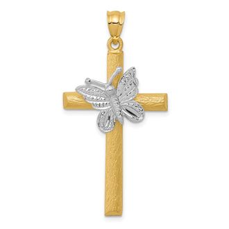 Diamond2Deal 14k Two-tone Gold Cross Butterfly Pendant