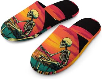 Generic Fishing Skull Cotton Slippers for Men Memory Foam House Slippers Soft Anti-skid Sole Indoor Outdoor Shoes