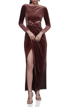 Avec Les Filles Pleated Cutout Long Sleeve Velvet Maxi Dress in Chocolate Brown at Nordstrom Rack, Size Medium