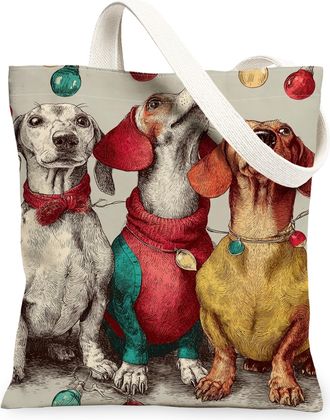 Generic Dogs Canvas Tote Bags, Colorful Animal Design Reusable Grocery Bags, Winter Fanciful Lightweight Washable Shoulder Strap Fo, Multicolor, 13x15 Inch