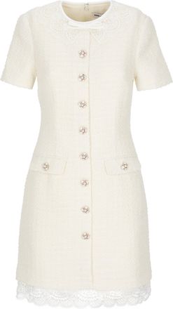Self Portrait Ivory Boucle Lace Mini Dress With Jewel Button Accents