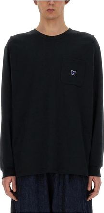 Needles T-shirt met lange mouwen en zak met vlinderborduursel - Heren - Longsleeves - Zwart - S - Tops