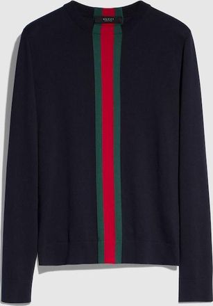 Gucci Knit Cotton Sweater With Web Intarsia, Size XXXL, Blue, Ready-to-wear
