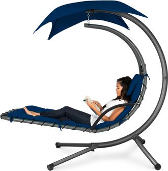 Best Choice Products Hanging Curved Chaise Lounge Chair Swing for Backyard, Patio w/ Pillow, Shade, Stand