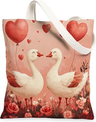 Generic Valentines Day Bear Canvas Tote Bag for Shopping 13x15, Kid Fun Cute Animal Couple Reusable Grocery Print Bag for Women, Lover Beach Aesthetic Paintin