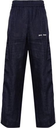 Palm Angels Logo-Print Linnen Trainingsbroek - Heren - Sweatpants - Blauw - M - Linnen - Broeken