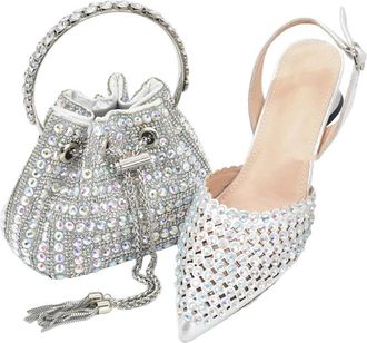Generic Women Rhinestone Decoration Shoes and Bag Set Nigerian Styele Wedding Party Casual Suit Silver